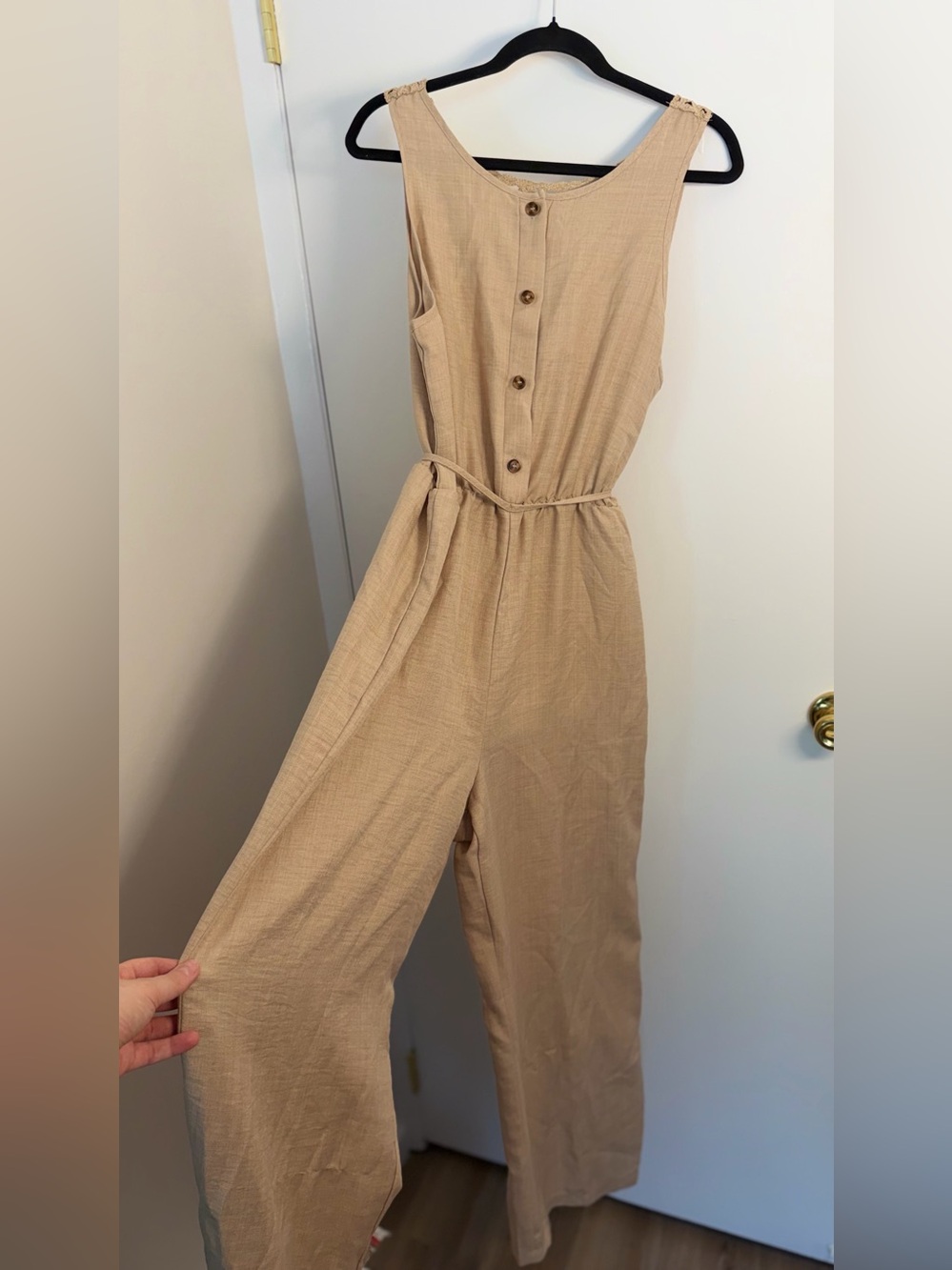 Sleeveless Beige Button-Front Tie-Waist Jumpsuit